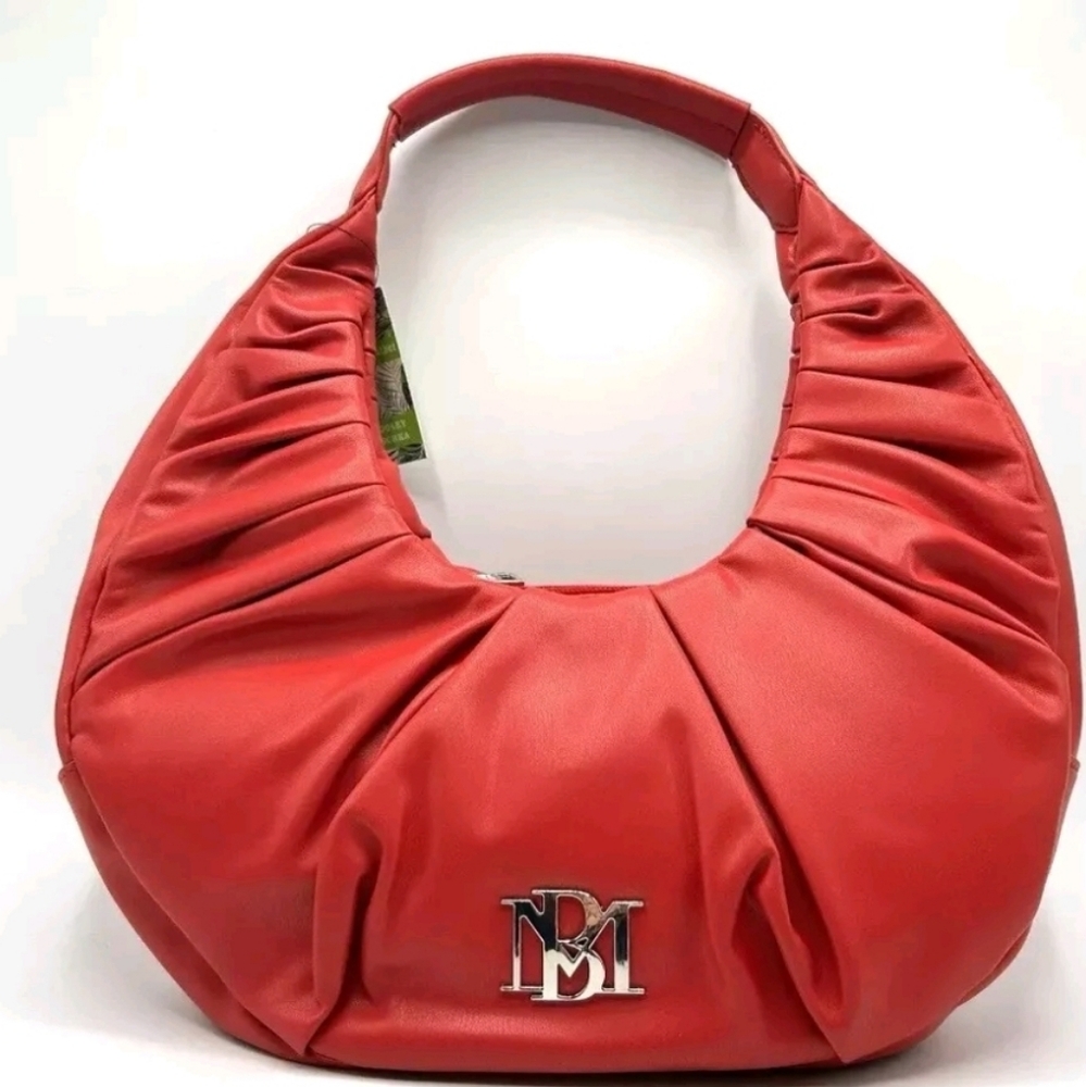 Badgley Mischka Vegan Leather Crescent Pleats Shoulder Bag in Red NWT